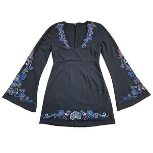 Free People Black Boho Embroidered Bell Sleeve Mini Dress Womens S